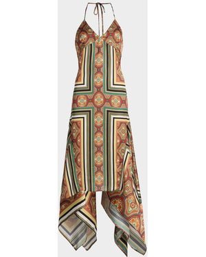 MISA Los Angles Sheila Printed Satin Handkerchief Midi Dress - Metallic