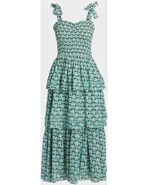 Ro's Garden Spencer Printed Tiered Cotton Midi Dress - Green