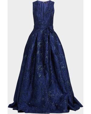 Reem Acra Deep V-Neck Textured Metallic Jacquard Ball Gown - Blue
