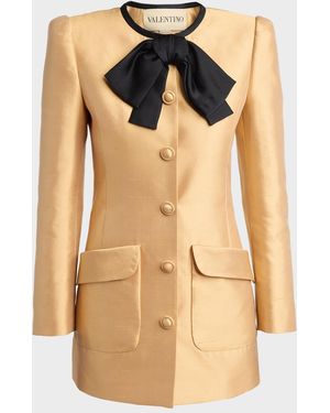 Valentino Garavani Bow-Neck Mikado Silk Single-Breasted Coat - Blue