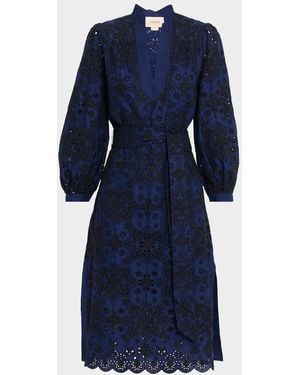 Figue Clove Broderie Anglaise Blouson-Sleeve Midi Shirtdress - Blue