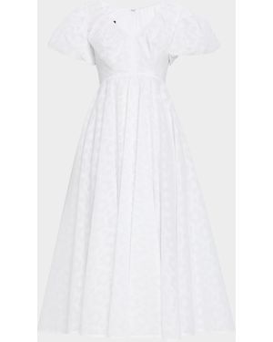 Talbot Runhof Pril Flower Organdi Puff-Sleeve Midi Dress - White