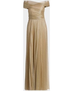 Talbot Runhof Metallic Pin Dot Pleated Off-The-Shoulder Gown - Natural