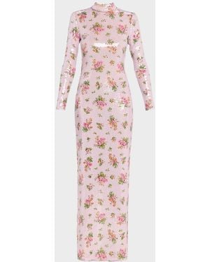 Brandon Maxwell Sequined Floral Long-Sleeve Column Maxi Dress - Pink
