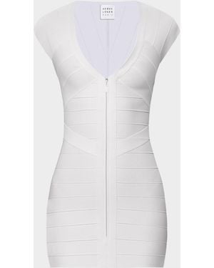 Hervé Léger Champagne V-Neck Bandage Minidress - White