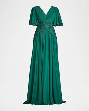 Tadashi Shoji Lace-Trim Pleated Gown - Green