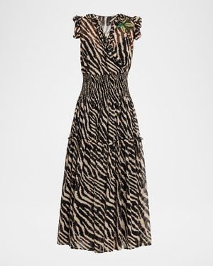 Maison Common Animal-Print Smocked Silk Chiffon Maxi Dress - White
