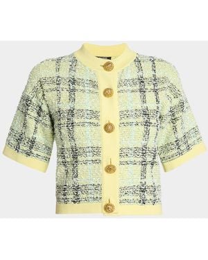 Balmain Paillette Check Tweed Short-Sleeve Cardigan - Metallic