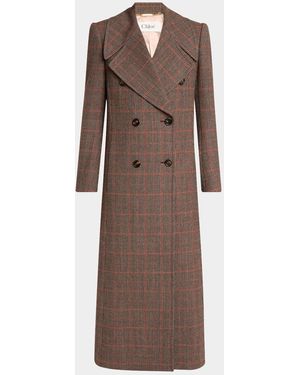 Chloé Plaid Double-Breasted Long Coat - Brown
