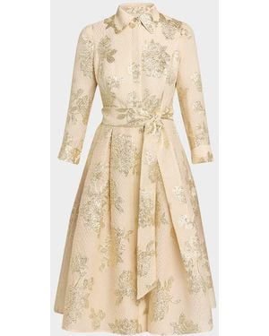 Teri Jon Pleated Metallic Jacquard Midi Shirtdress - Natural