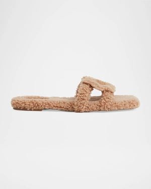 Jonathan Simkhai Monogram Shearling Flat Slide Sandals - White