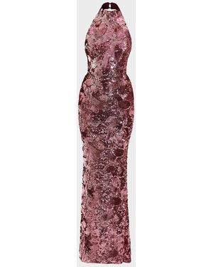 Zhivago No More Songs Sequined Halter Column Gown - Red