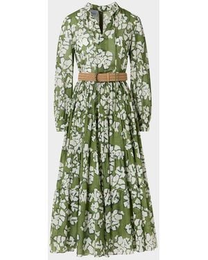 Akris Punto Floral Cotton Muslin Tiered Midi Shirtdress - Green
