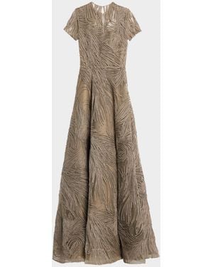 Naeem Khan Short-Sleeve Illusion-Neck Raffia Gown - Natural