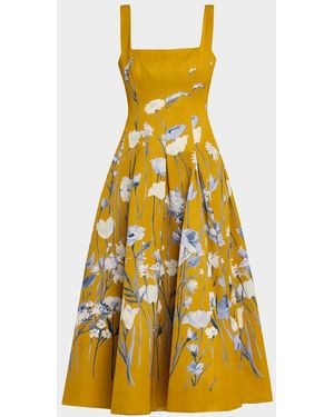 Lela Rose Floral Faille Sleeveless Fit-&-Flare Gown - Yellow