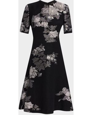 Reem Acra Bead Applique Floral Fil Coupe Dress - Black