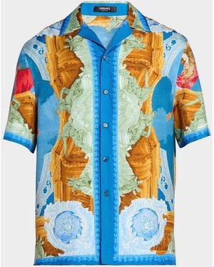 Versace Architectural Baroque Silk Short-Sleeve Shirt - Blue