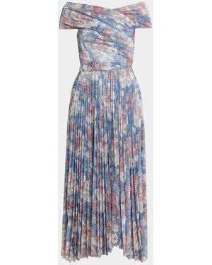 Talbot Runhof Off-The-Shoulder Metallic Floral Voile Pleated Midi Cocktail Dress - Blue