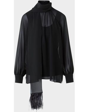 Akris Feather-Trim Scarf Silk Georgette Blouse - Black