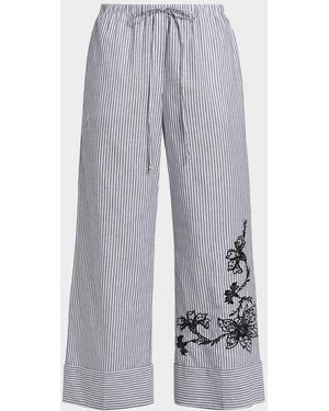 Kobi Halperin Callie Embroidered Striped Wide-Leg Pants - Gray