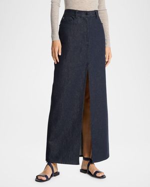 Michael Kors Cotton-Linen Denim Slit Maxi Skirt - Blue