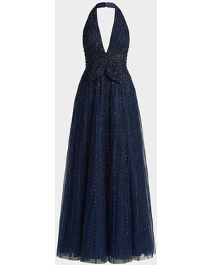 Mac Duggal Beaded Mesh Fit-&Amp;-Flare Gown - Blue