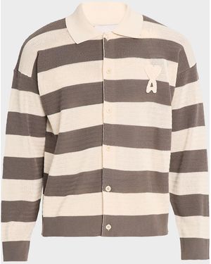 Ami Paris Apos;S Cotton Stripe Knit Ami De Coeur Cardigan - Gray