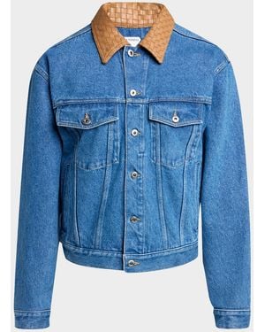 Bottega Veneta Apos;S Intrecciato-Leather Collar Denim Jacket - Blue