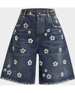 Marc Jacobs Daisy Sequined Wide-Leg Denim Bermuda Shorts - Blue