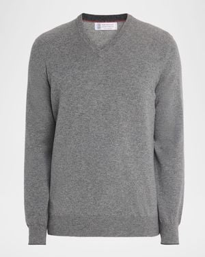 Brunello Cucinelli Cashmere Classic Fit V-Neck Sweater - Gray