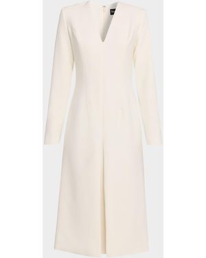 Sergio Hudson V-Neck Pleated Long-Sleeve Midi Dress - White