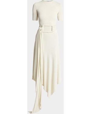 Alaïa Asymmetric Fluid Jersey Belted Midi Dress - Natural
