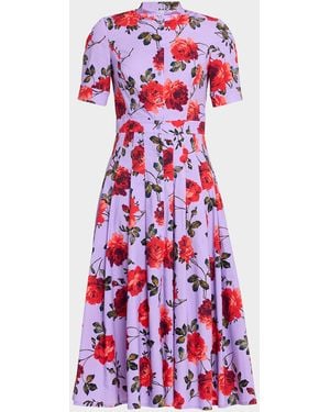 Carolina Herrera Carnation-Print Short-Sleeve Pleated Midi Shirtdress - Red