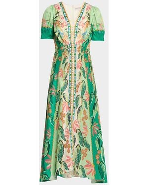 Saloni Lea Printed Long Dress - Green