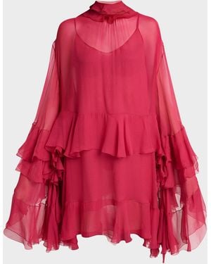 Chloé Tiered Ruffle Silk Mousseline Long-Sleeve Mini Dress