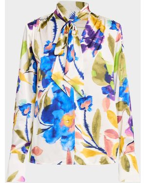 Ramy Brook Veera Floral Tie-Neck Blouse - Blue