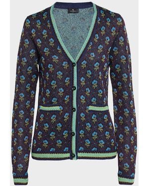 Etro Floral Knit V-Neck Cardigan - Blue