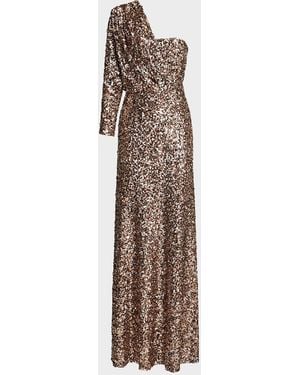 Halston Ramona One-Shoulder Sequin Gown - Natural