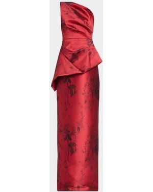 Teri Jon Satin Floral One-Shoulder Gown - Red