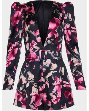 Ramy Brook Ravenna Floral Plunging Long-Sleeve Romper - Red