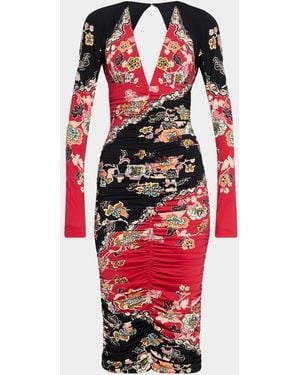 Roberto Cavalli Ruched Open-Back Long-Sleeve Midi Dress - Red