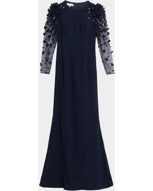 Teri Jon Tulle-Sleeve Floral Applique Crepe Gown - Blue