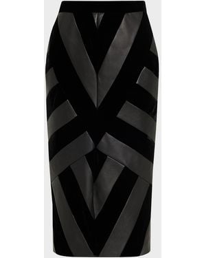 Sergio Hudson Chevron Paneled Leather Midi Pencil Skirt - Black