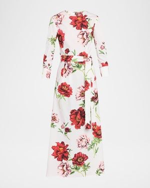 Oscar de la Renta Peony-Print Poplin 3/4-Sleeve Midi Day Dress - White