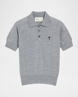 Ami Paris Ami De Coeur Short-Sleeve Wool Polo Top - Gray