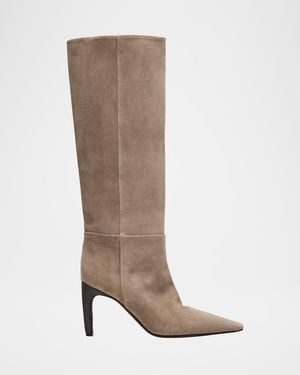 Brunello Cucinelli 85Mm Soft Velour Knee-High Boots With Monili Heel - Brown