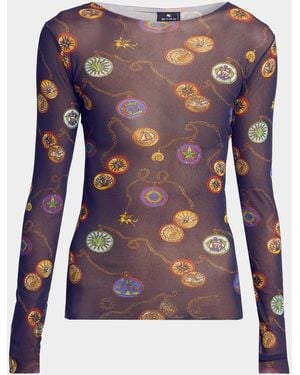 Etro Nautical Print Long-Sleeve Sheer Mesh Top - Blue
