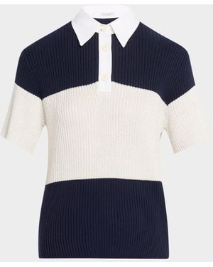 Brunello Cucinelli Shimmering Striped Cotton Rib Short-Sleeve Polo Sweater - Blue