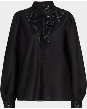 Kobi Halperin Harper Sequin Lace-Yoke Blouse - Black
