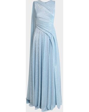 Talbot Runhof Draped Sleeveless Metallic Gown With Cape - Blue